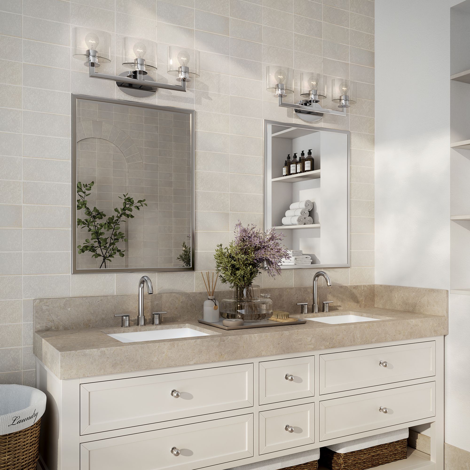 3 Light Polished Chrome Vanity Sconce with Mouth Blown Clear Glass