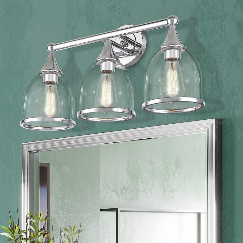 Image 1 3 Light Polished Chrome Vanity Sconce with Mouth Blown Clear Glass