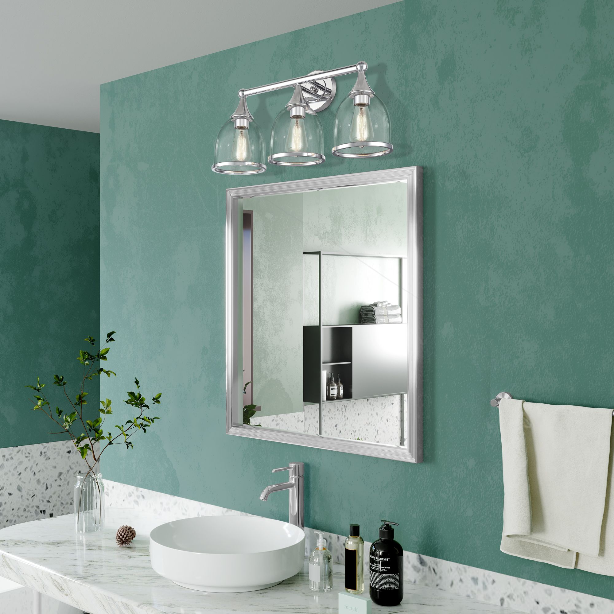 3 Light Polished Chrome Vanity Sconce with Mouth Blown Clear Glass