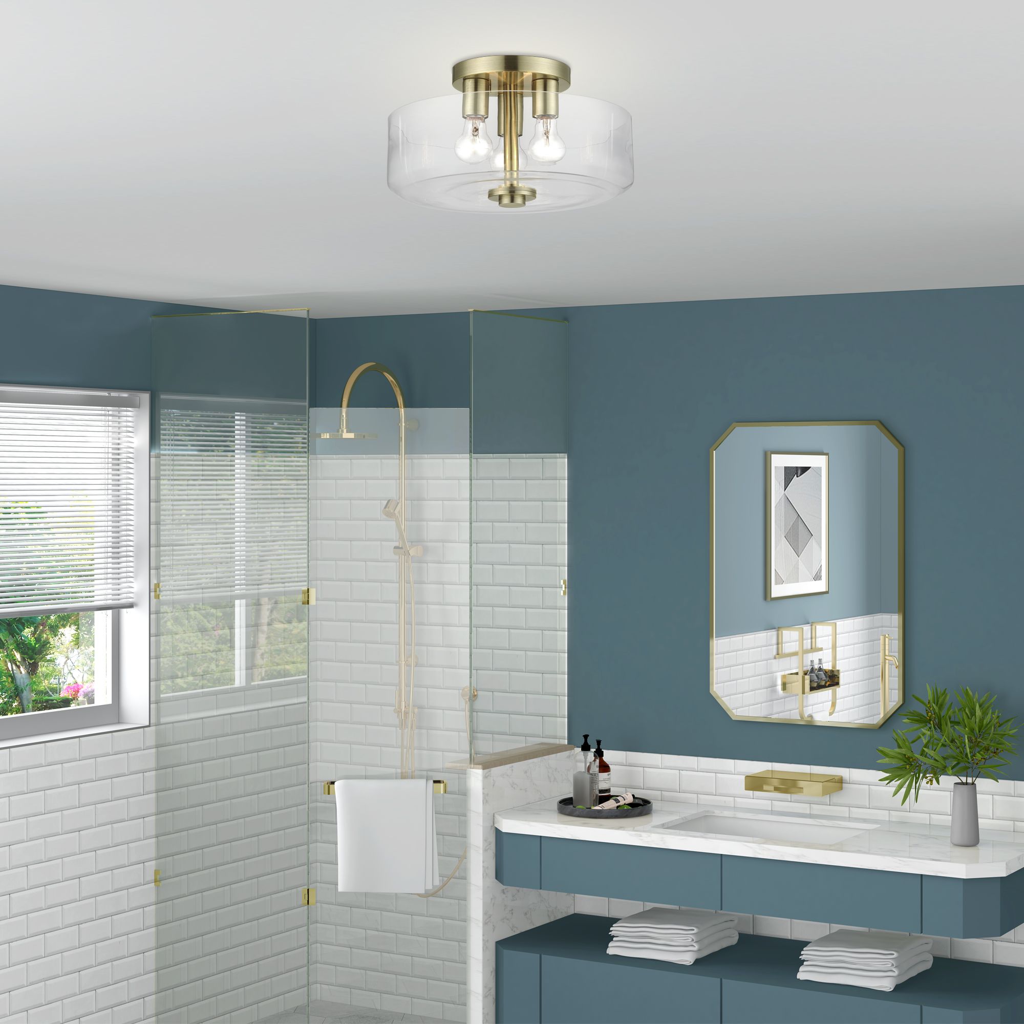 3 Light Semi-Flush with Mouth Blown Clear Glass