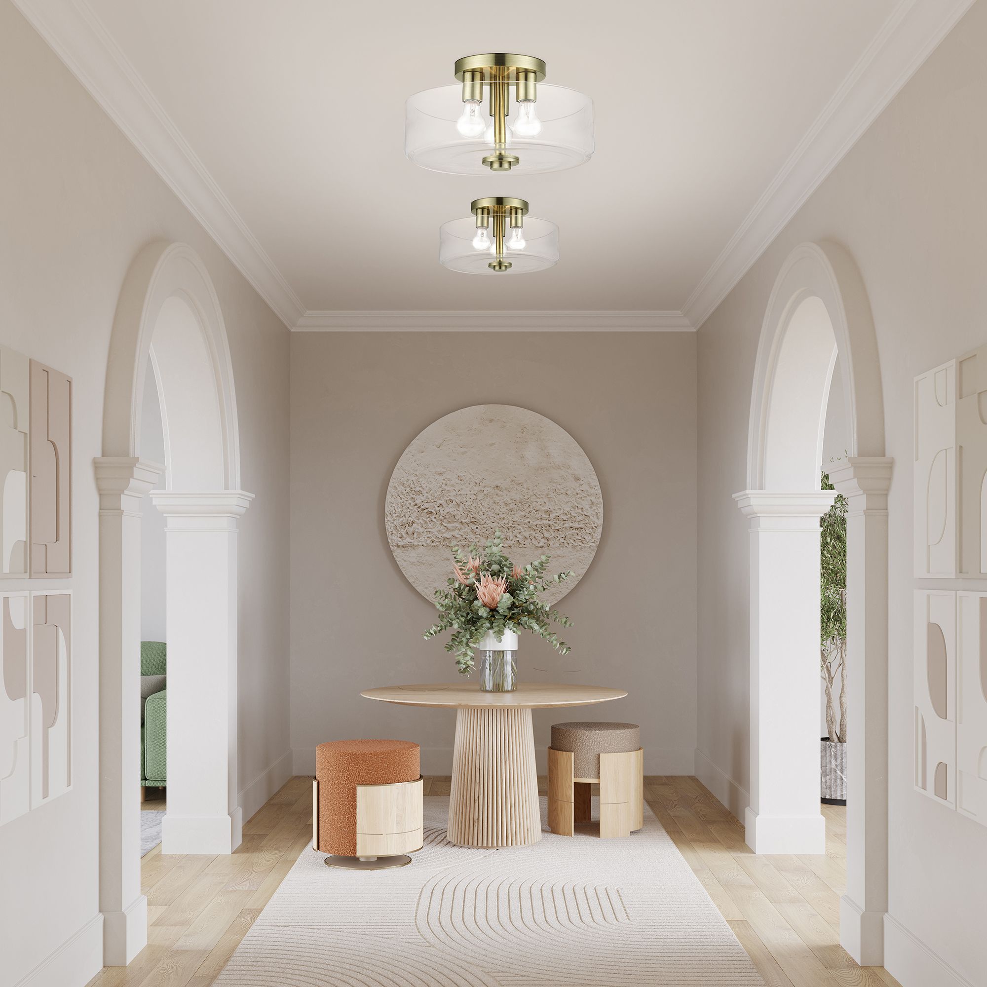 3 Light Semi-Flush with Mouth Blown Clear Glass