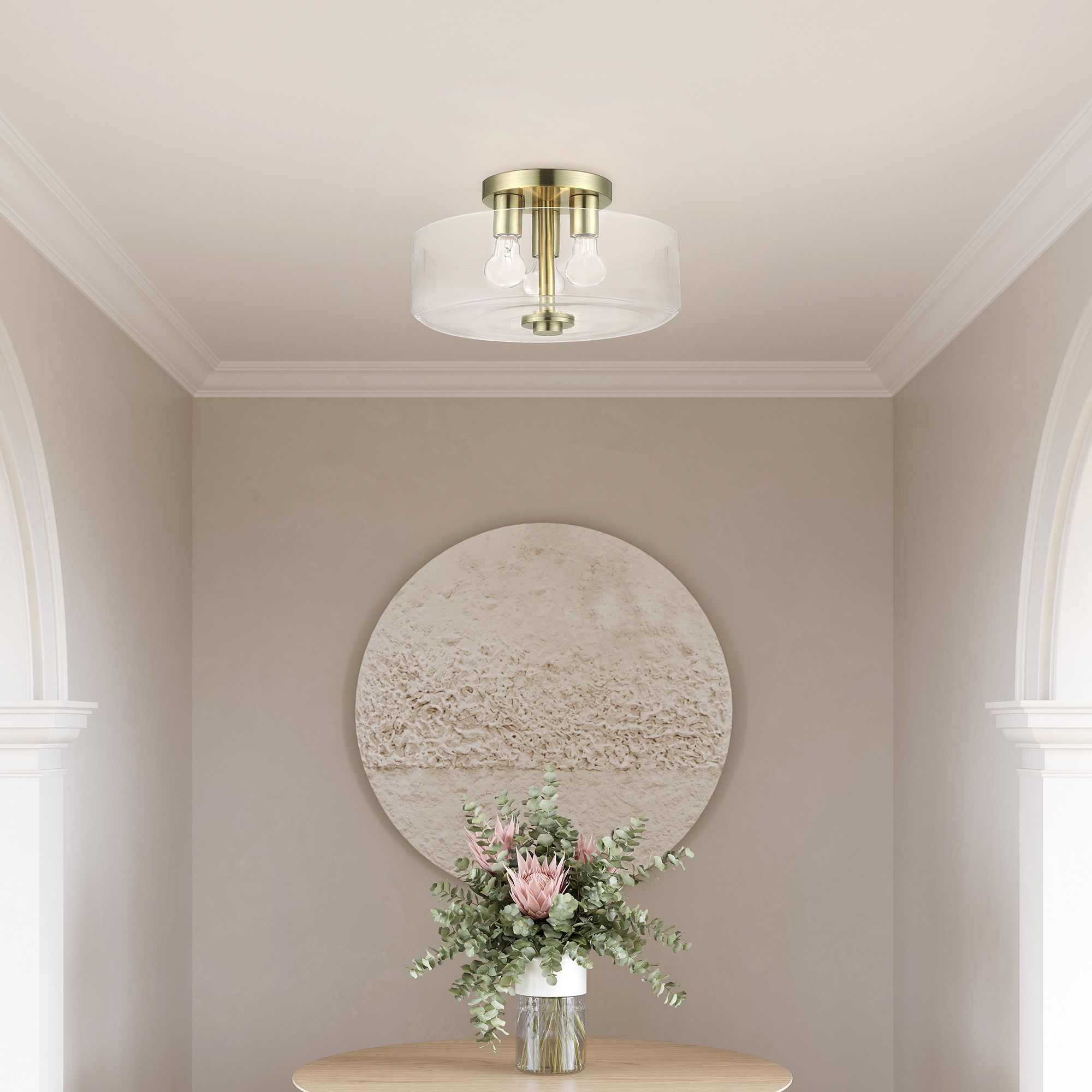 3 Light Semi-Flush with Mouth Blown Clear Glass