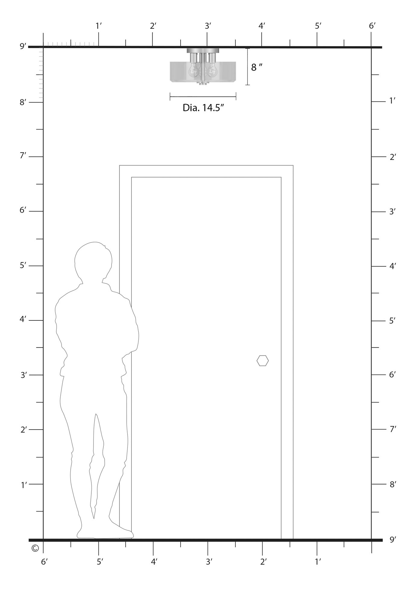 3 Light Semi-Flush with Mouth Blown Clear Glass