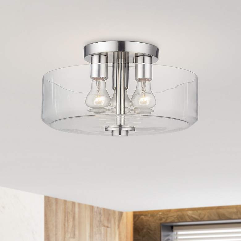 Image 1 3 Light Semi-Flush with Mouth Blown Clear Glass