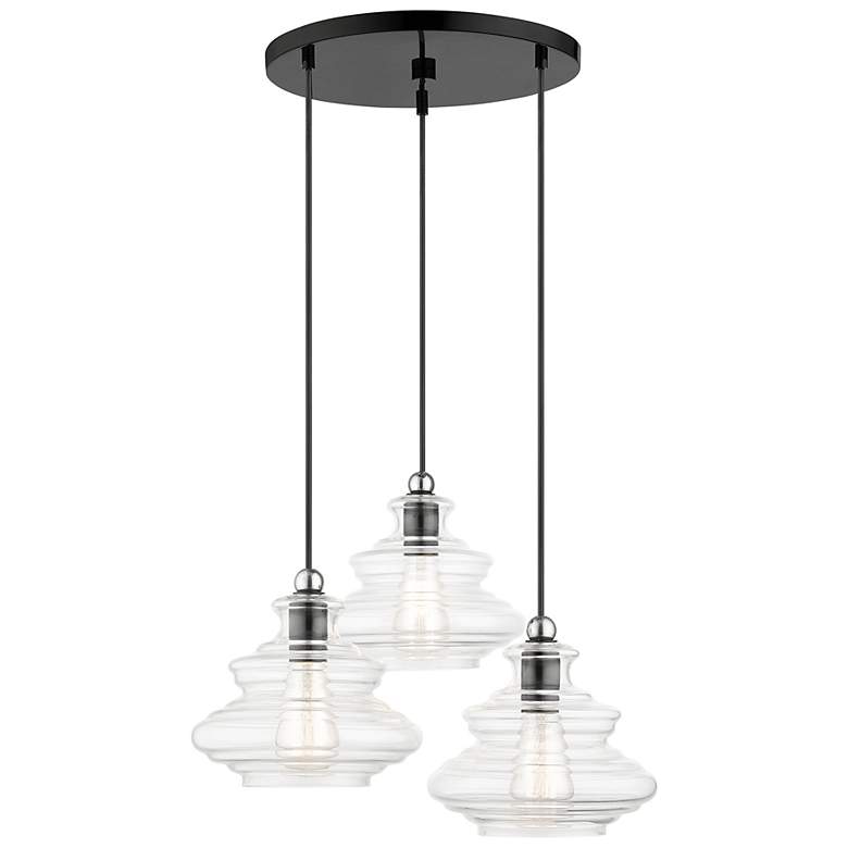 Image 2 3 Light Shiny Black Pendant Chandelier with Chrome Finish Accents