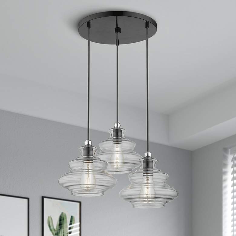 Image 1 3 Light Shiny Black Pendant Chandelier with Chrome Finish Accents