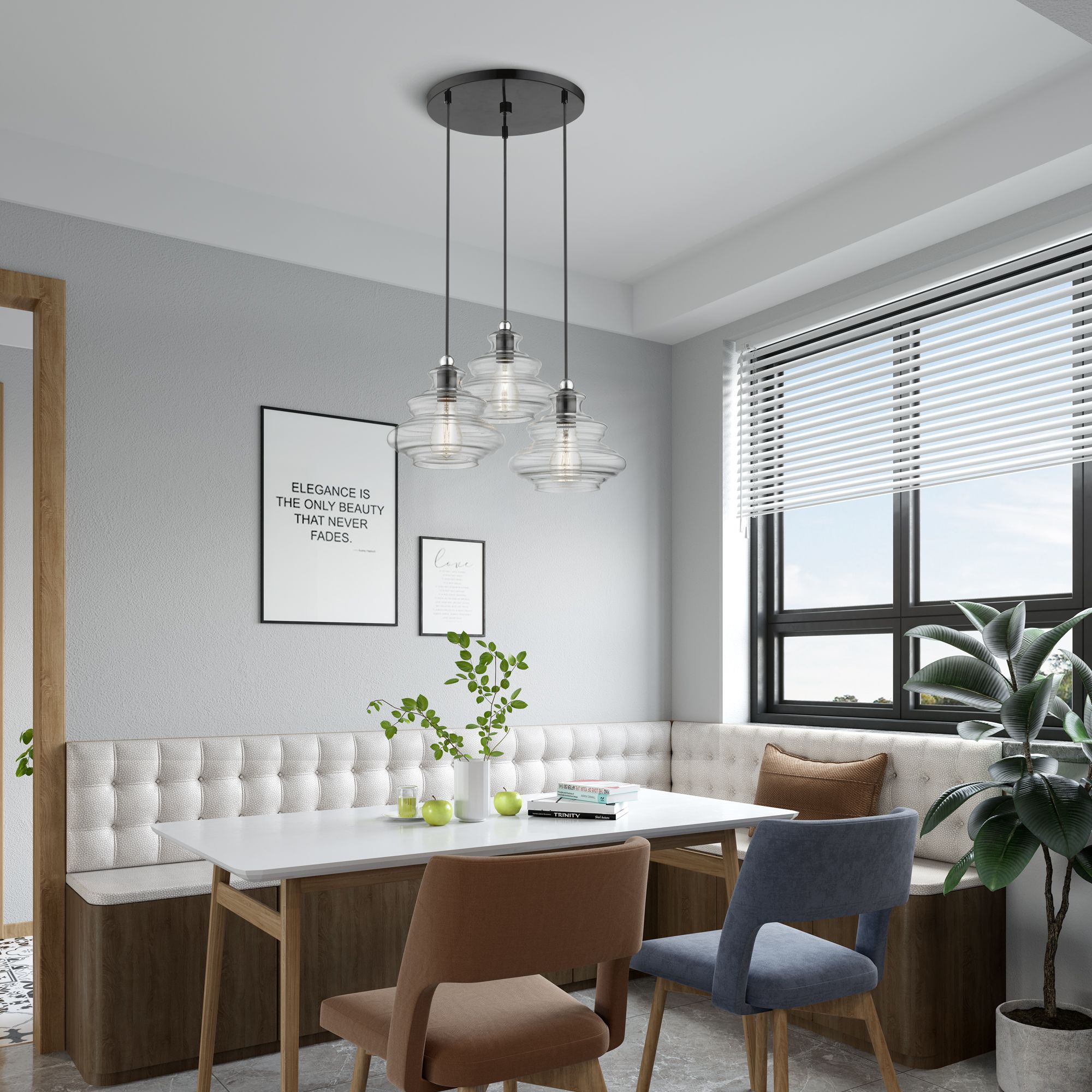 3 Light Shiny Black Pendant Chandelier with Chrome Finish Accents