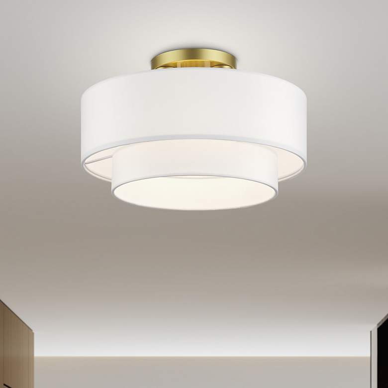 Image 1 3 Light Soft Gold Semi-Flush with Off-White Fabric