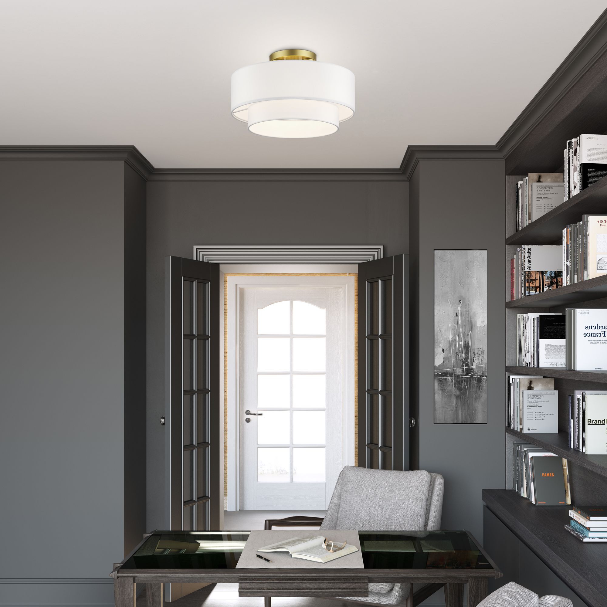 3 Light Soft Gold Semi-Flush with Off-White Fabric