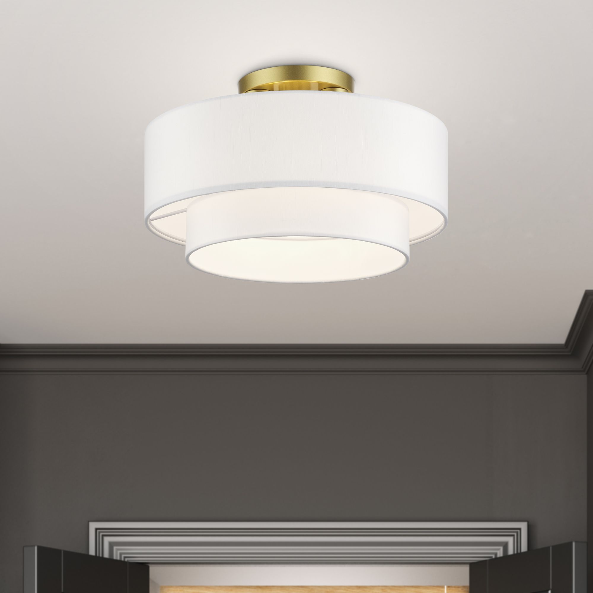 3 Light Soft Gold Semi-Flush with Off-White Fabric