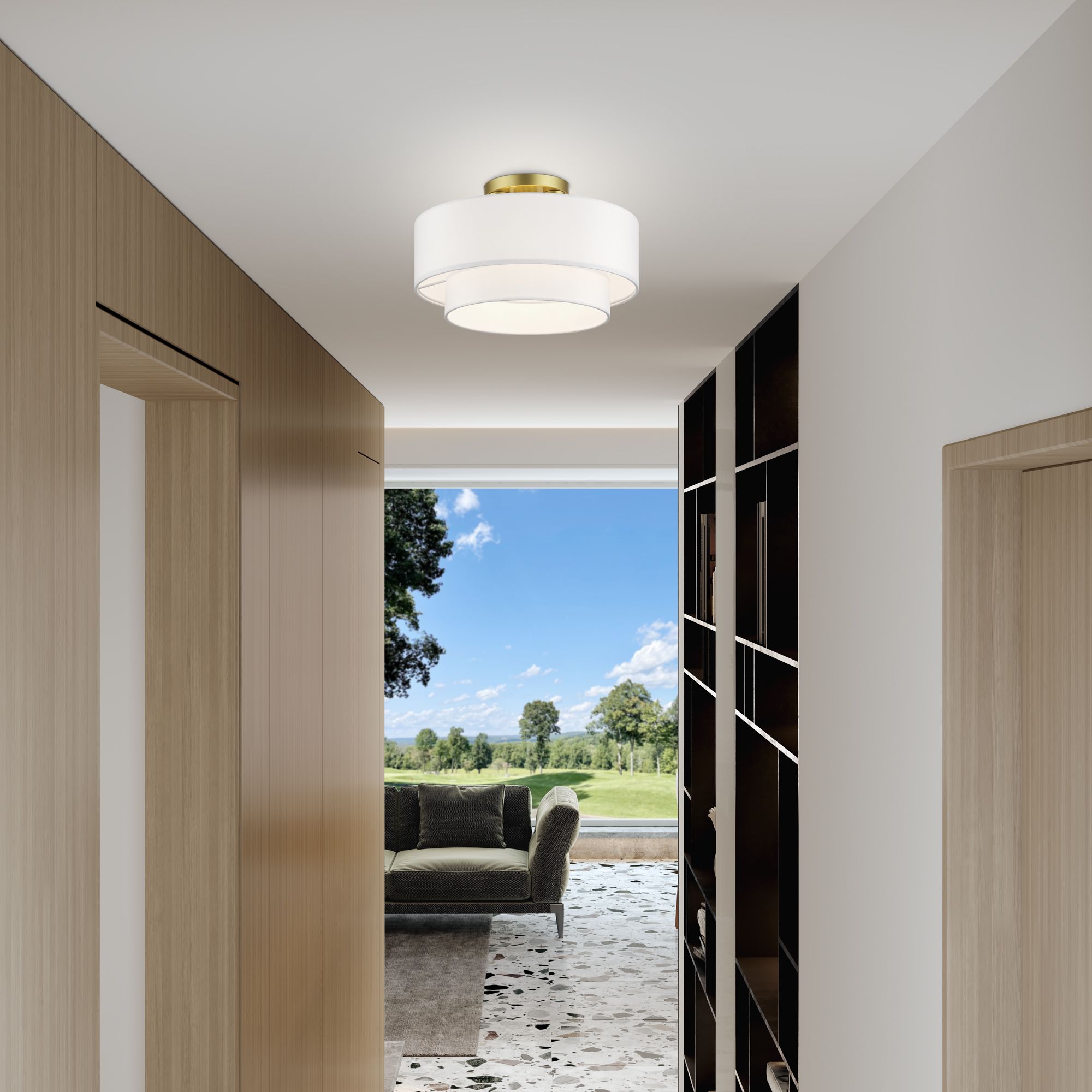 3 Light Soft Gold Semi-Flush with Off-White Fabric