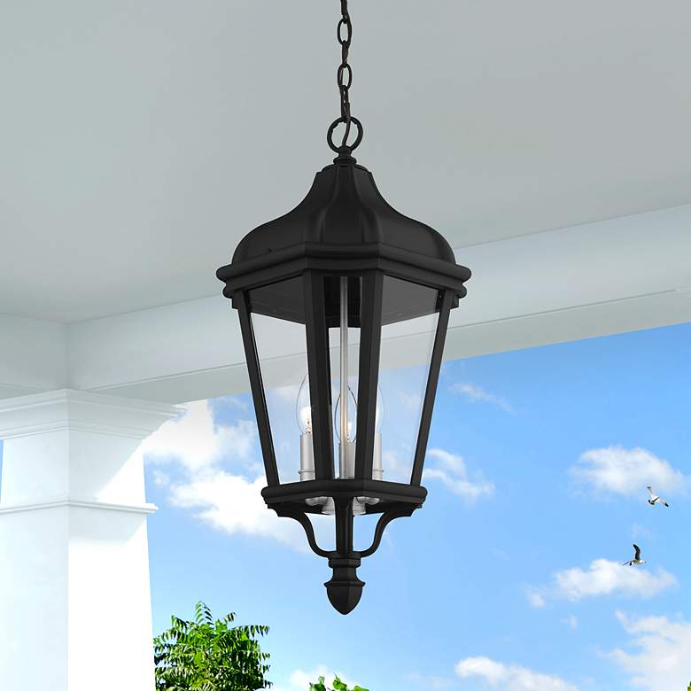 Image 1 3 Light Textured Black Outdoor Pendant Lantern