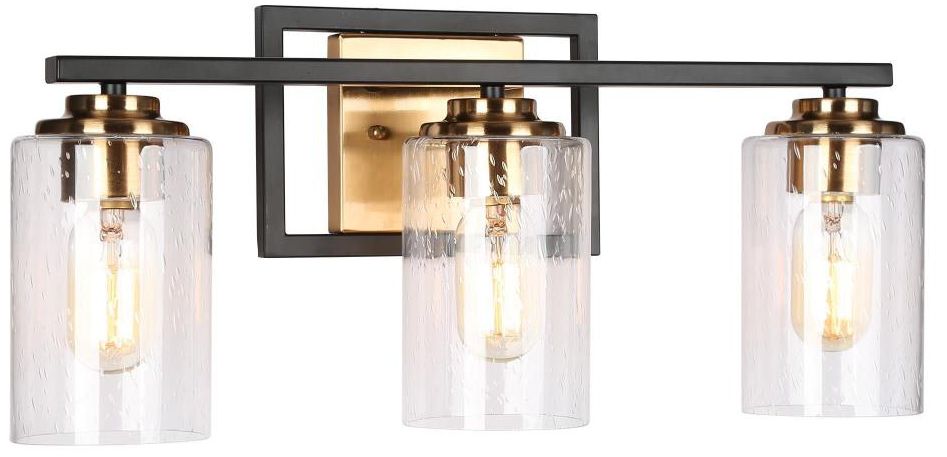 3-Light Vintage Brass Vanity Light with Seeded Glass