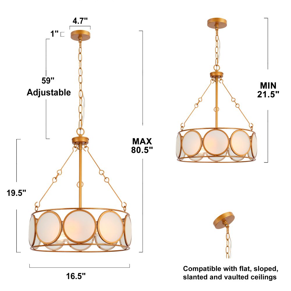 Image 4 3-Light Vintage Brushed Gold Chandeliers with Frosted Glass more views