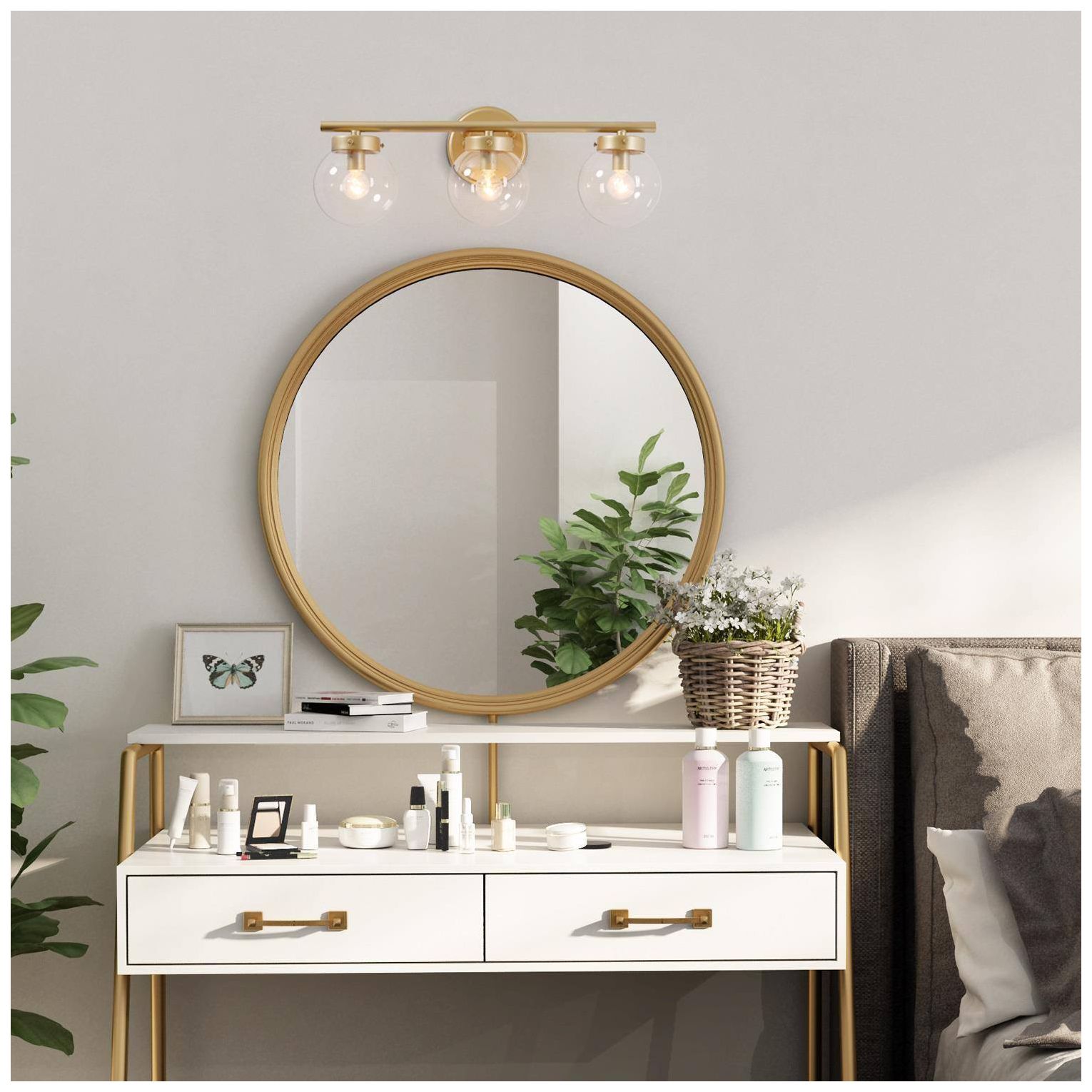 3-lights 19.5"W Globe Gold Wall Lamp