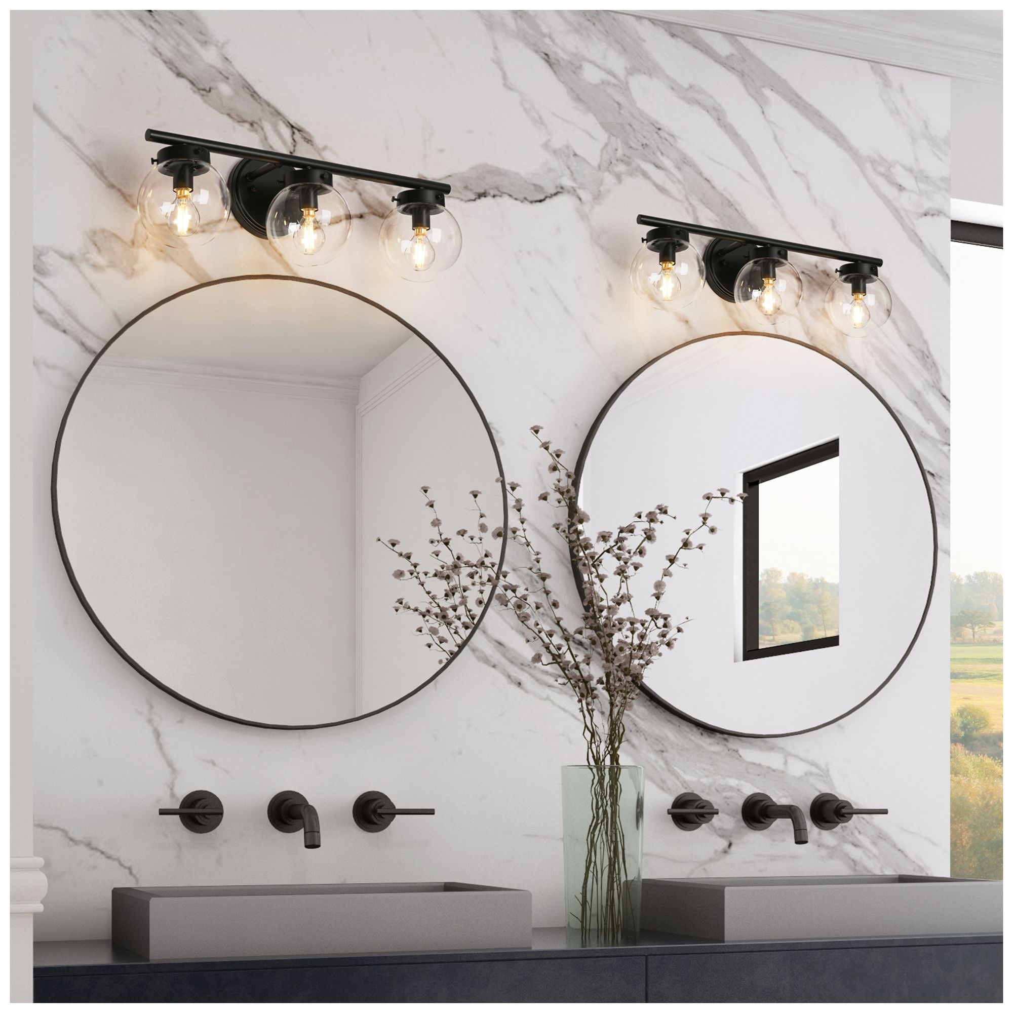 3-Lights 19.7"W Globe Matt Black Wall Lamp