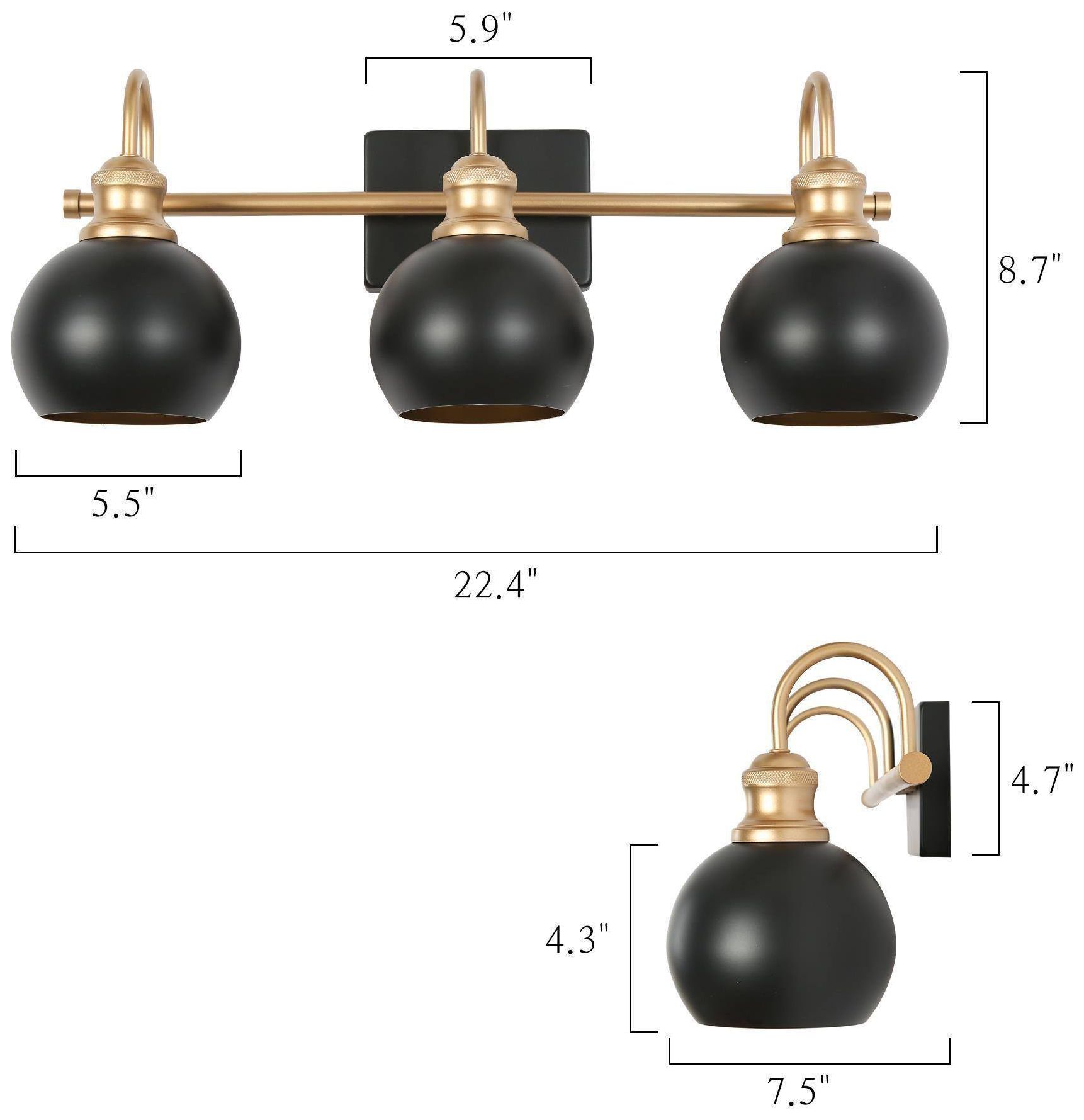 Image 5 3-Lights 22.4"W Dome Flat Black and Dark Gold  Wall Lamp more views