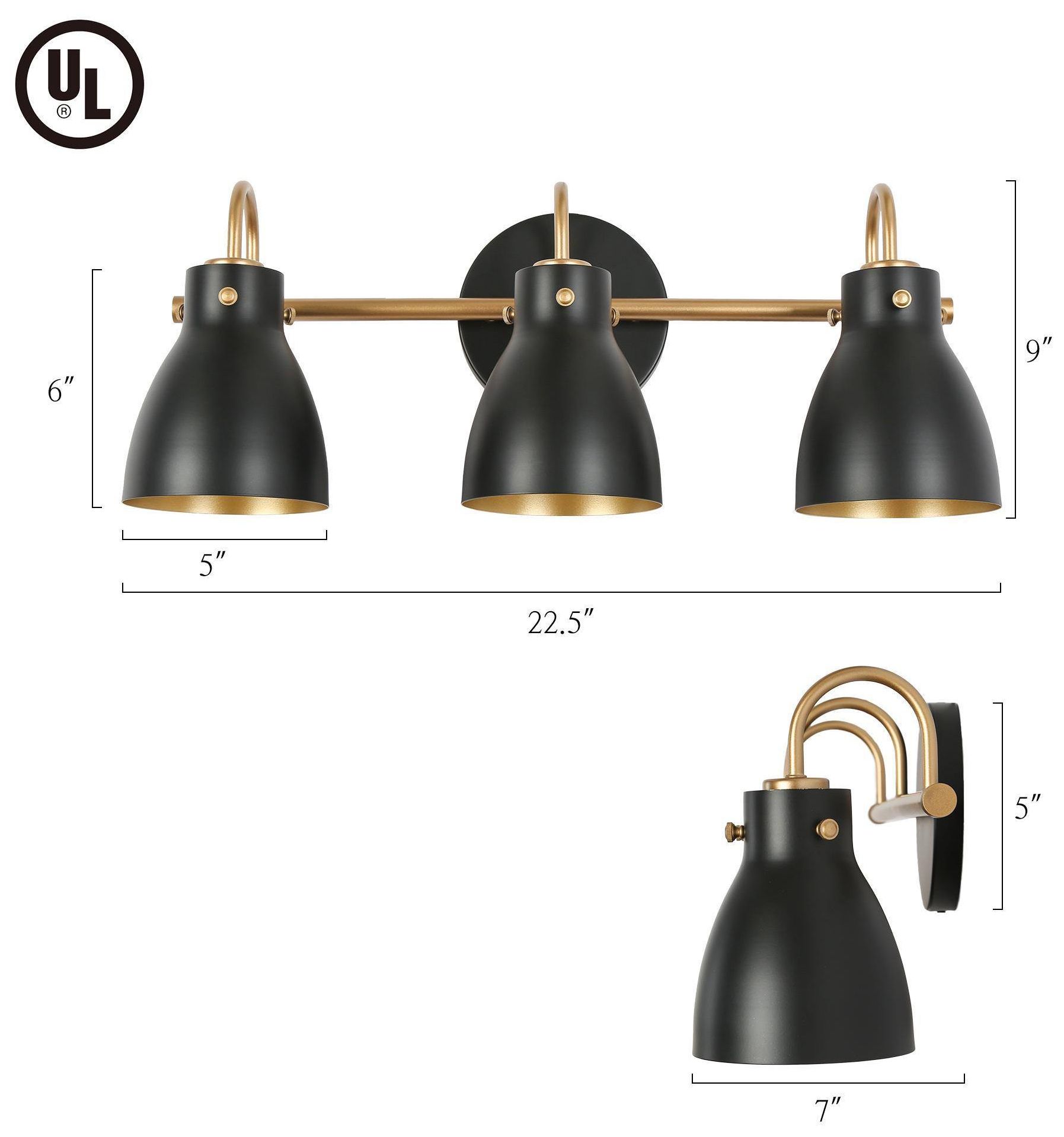 Image 5 3-Lights 22.4"W Dome Flat Black and Dark Gold  Wall Lamp more views