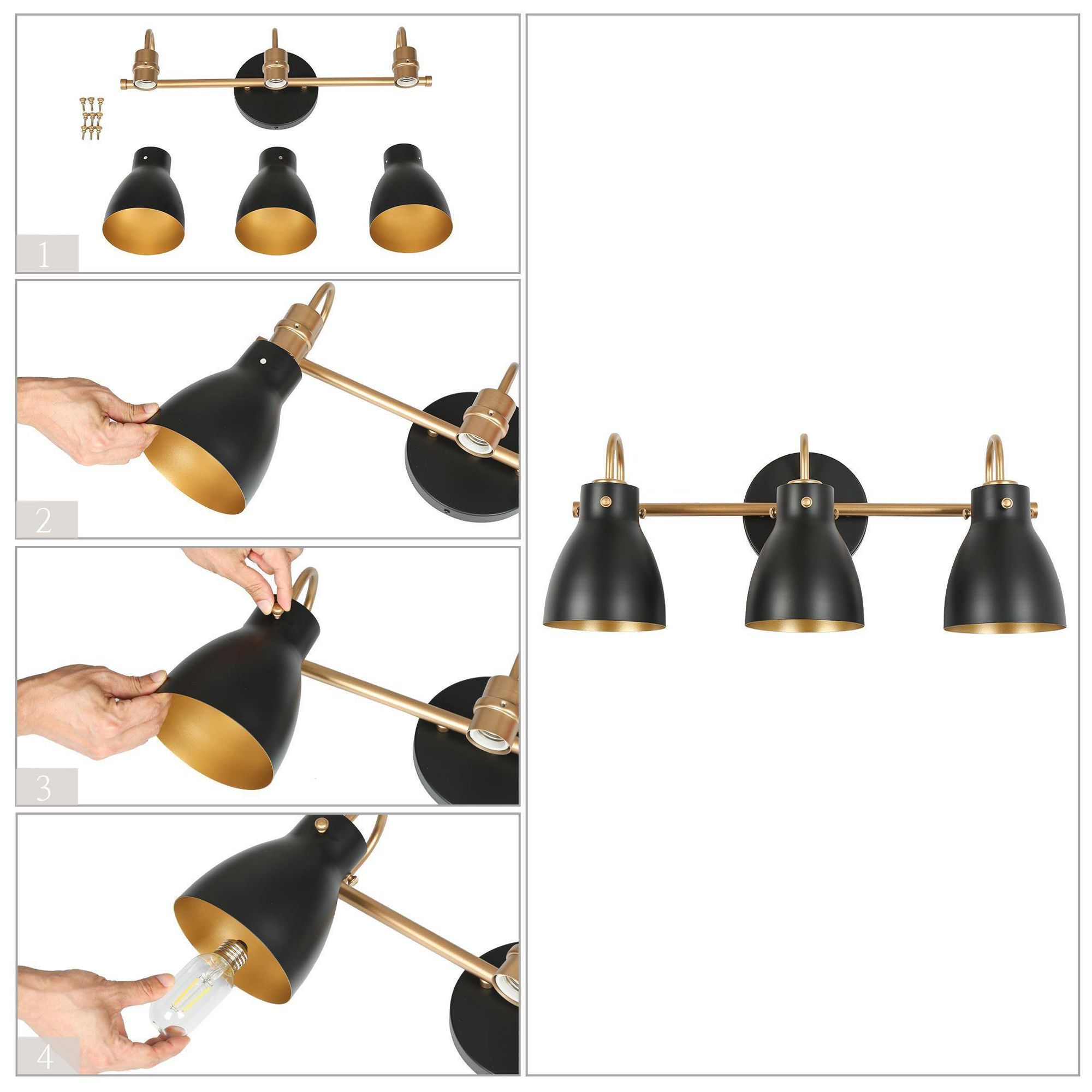 Image 6 3-Lights 22.4"W Dome Flat Black and Dark Gold  Wall Lamp more views