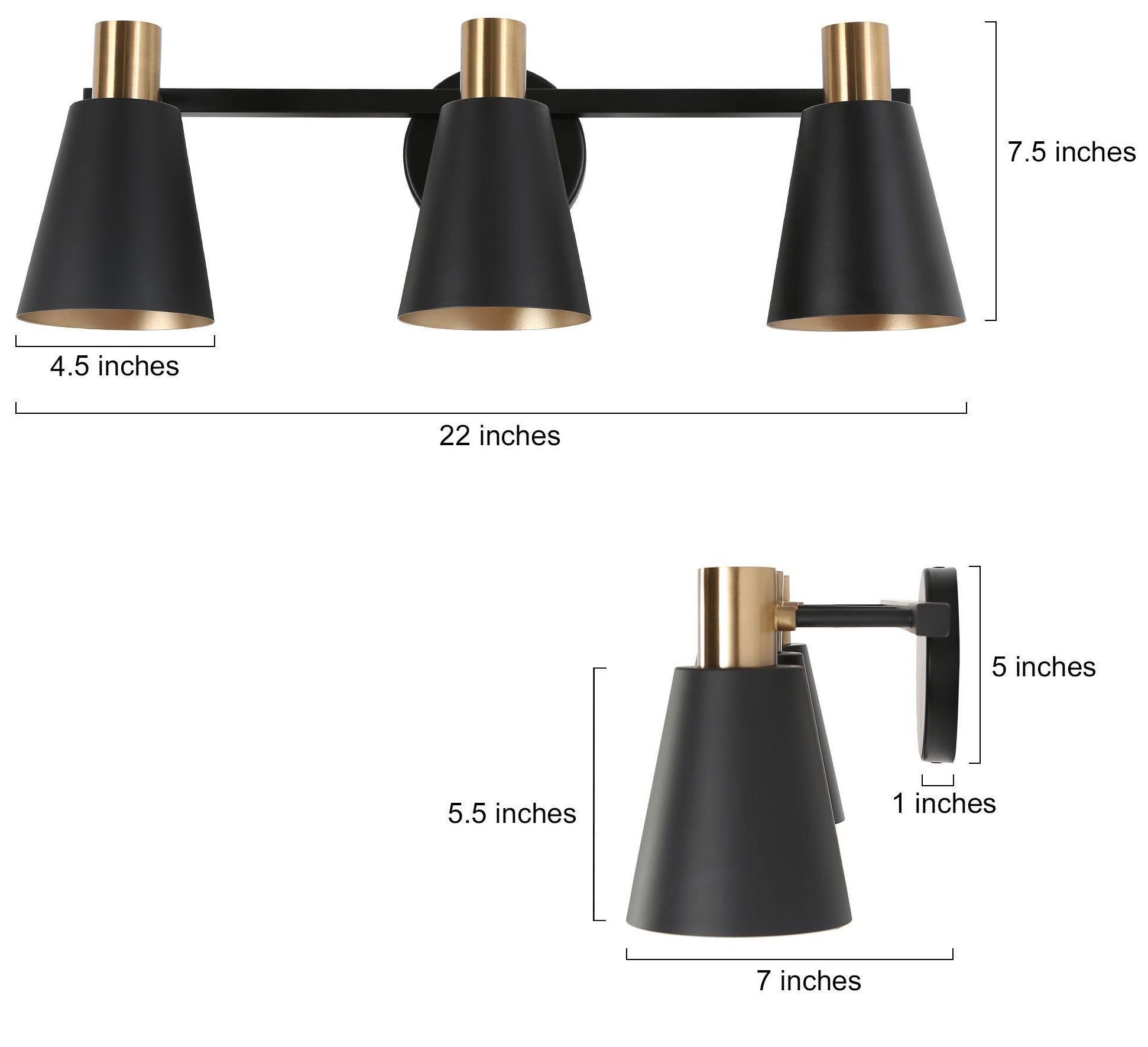 3-Lights 22"W Tapered Matt Black and Plated Brass Wall Lamp