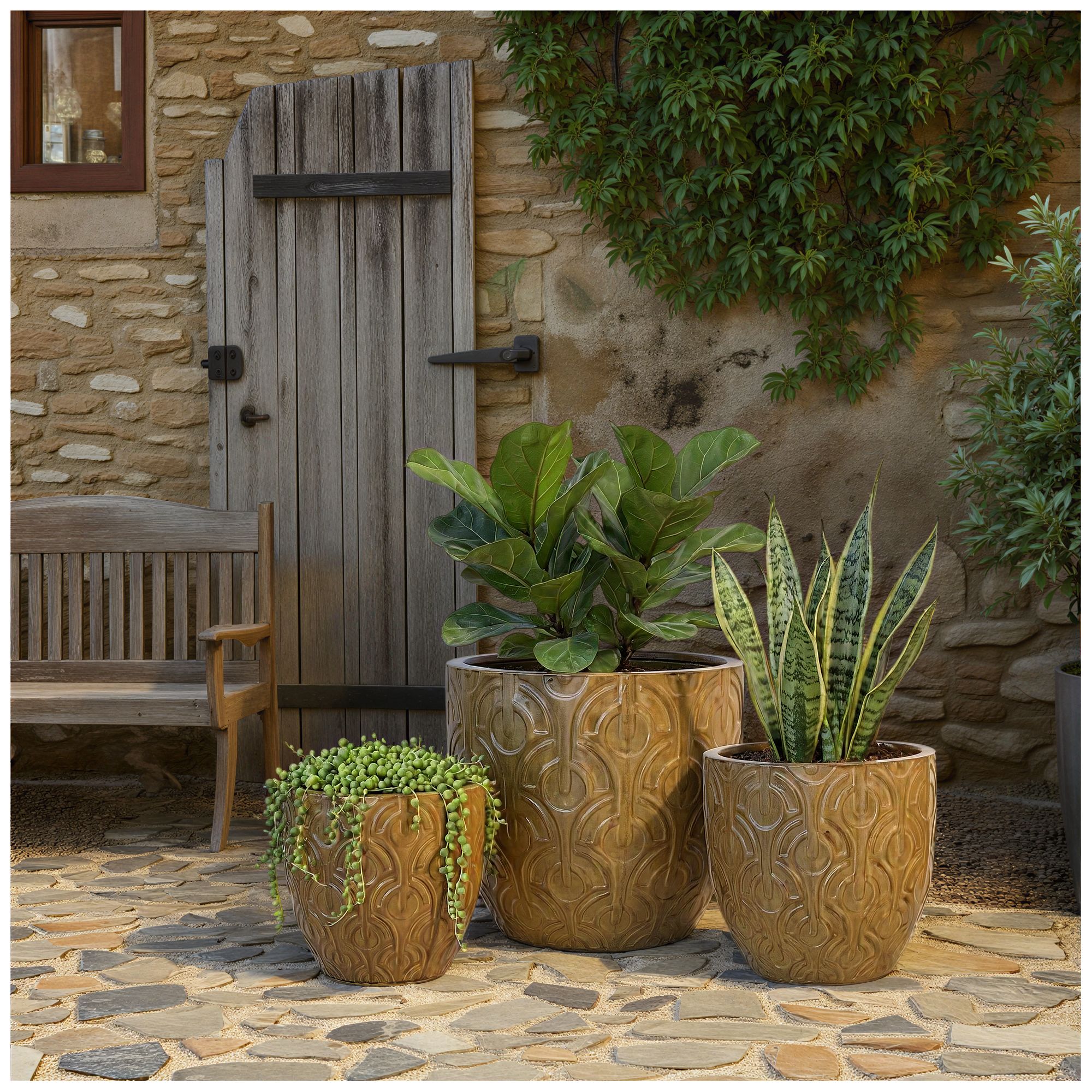 Image 2 3-Piece Eco Stone Indoor/Outdoor Planter Set with Drainage Holes, Mustard more views