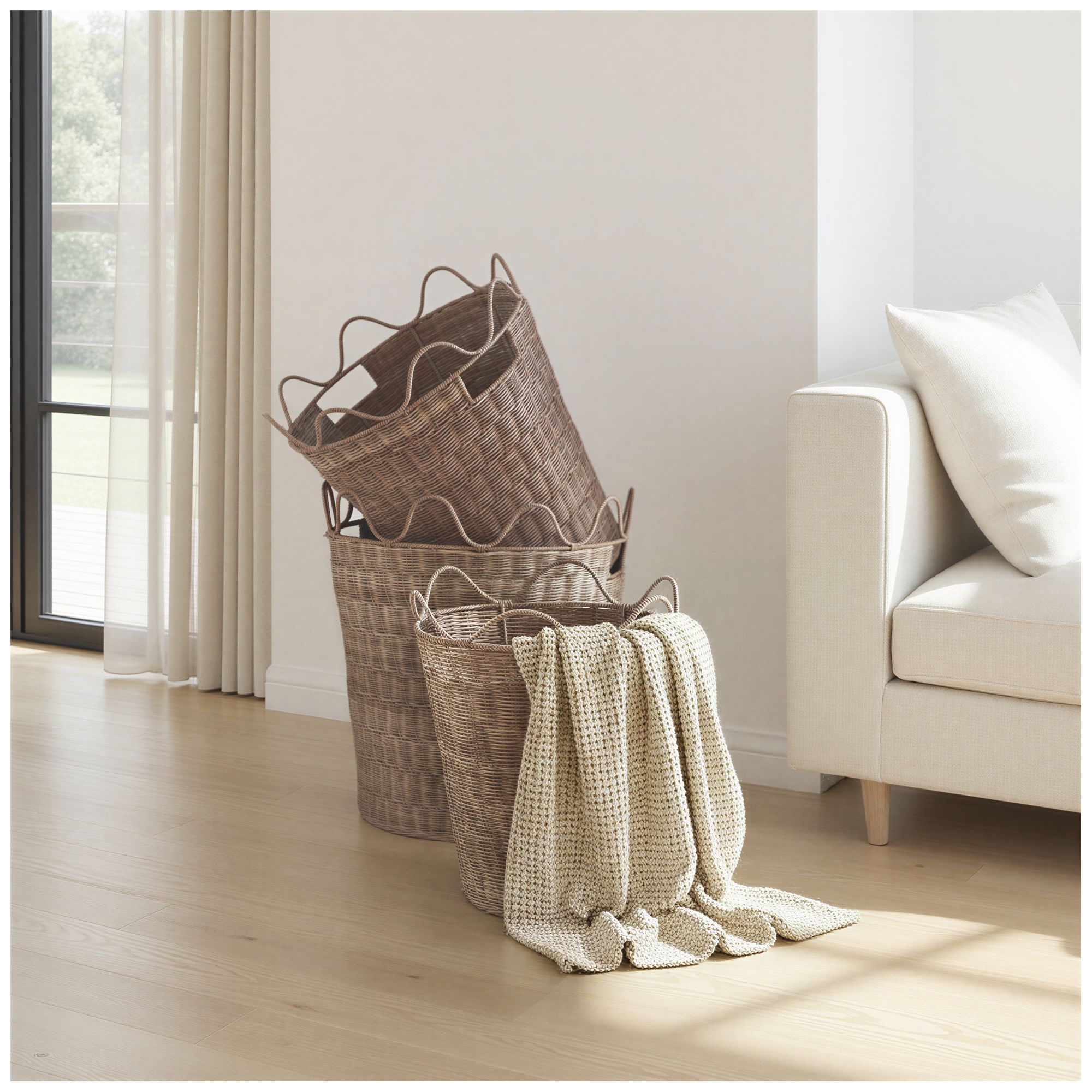 Image 2 3-Piece Hand-Woven Rattan Scalloped Baskets with Handles, Natural Finish more views