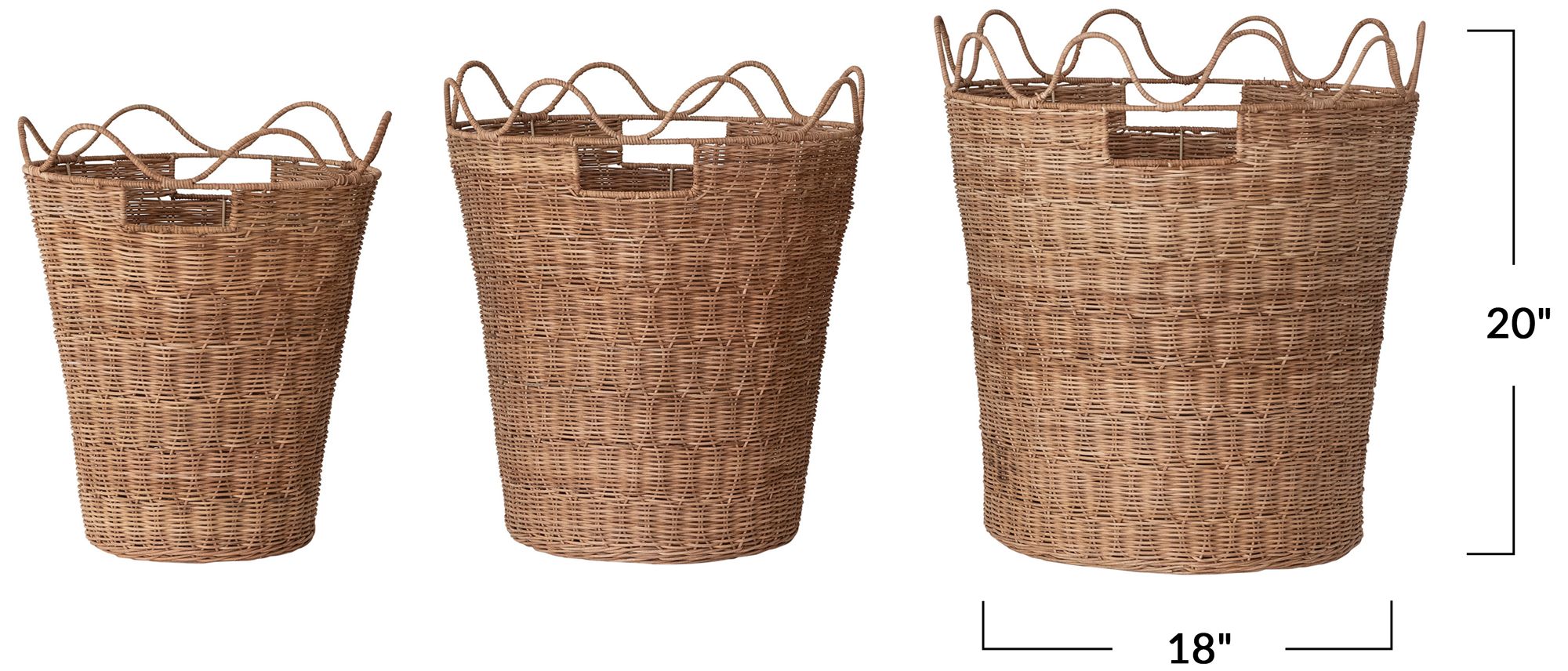 Image 3 3-Piece Hand-Woven Rattan Scalloped Baskets with Handles, Natural Finish more views