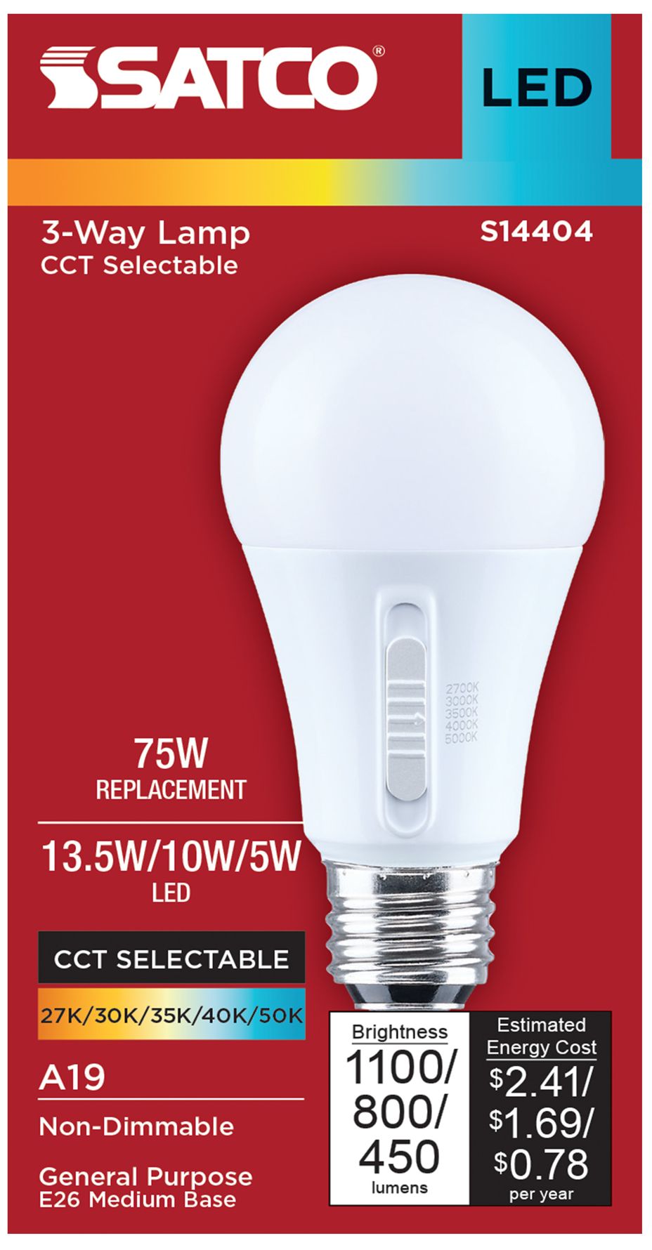 Image 3 3-Way 100W Max Equivalent 13.5W LED Max Non-Dimmable A19 Bulb more views