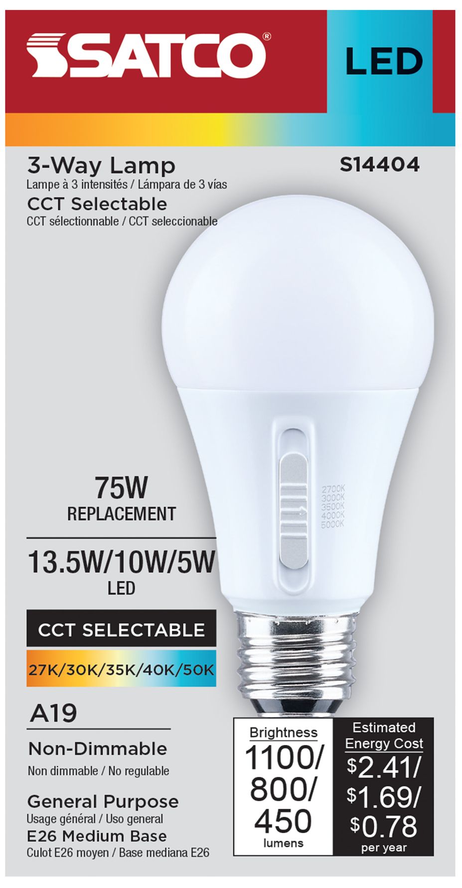 Image 4 3-Way 100W Max Equivalent 13.5W LED Max Non-Dimmable A19 Bulb more views
