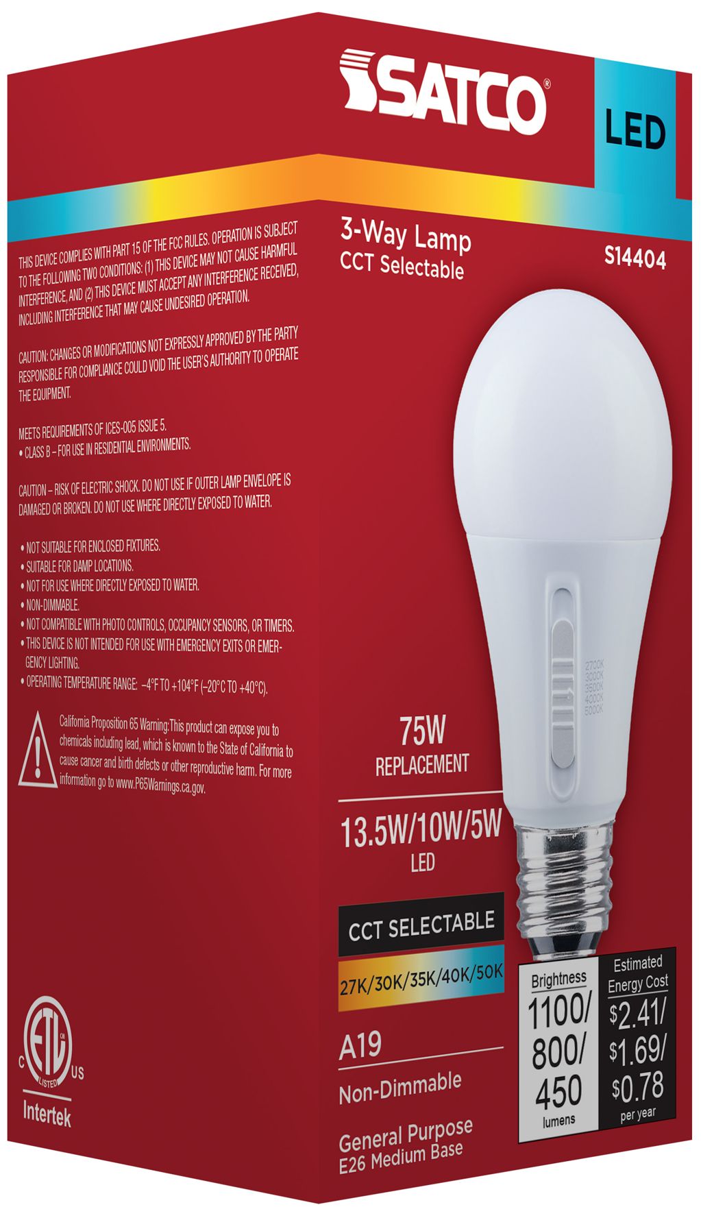 3-Way 100W Max Equivalent 13.5W LED Max Non-Dimmable A19 Bulb