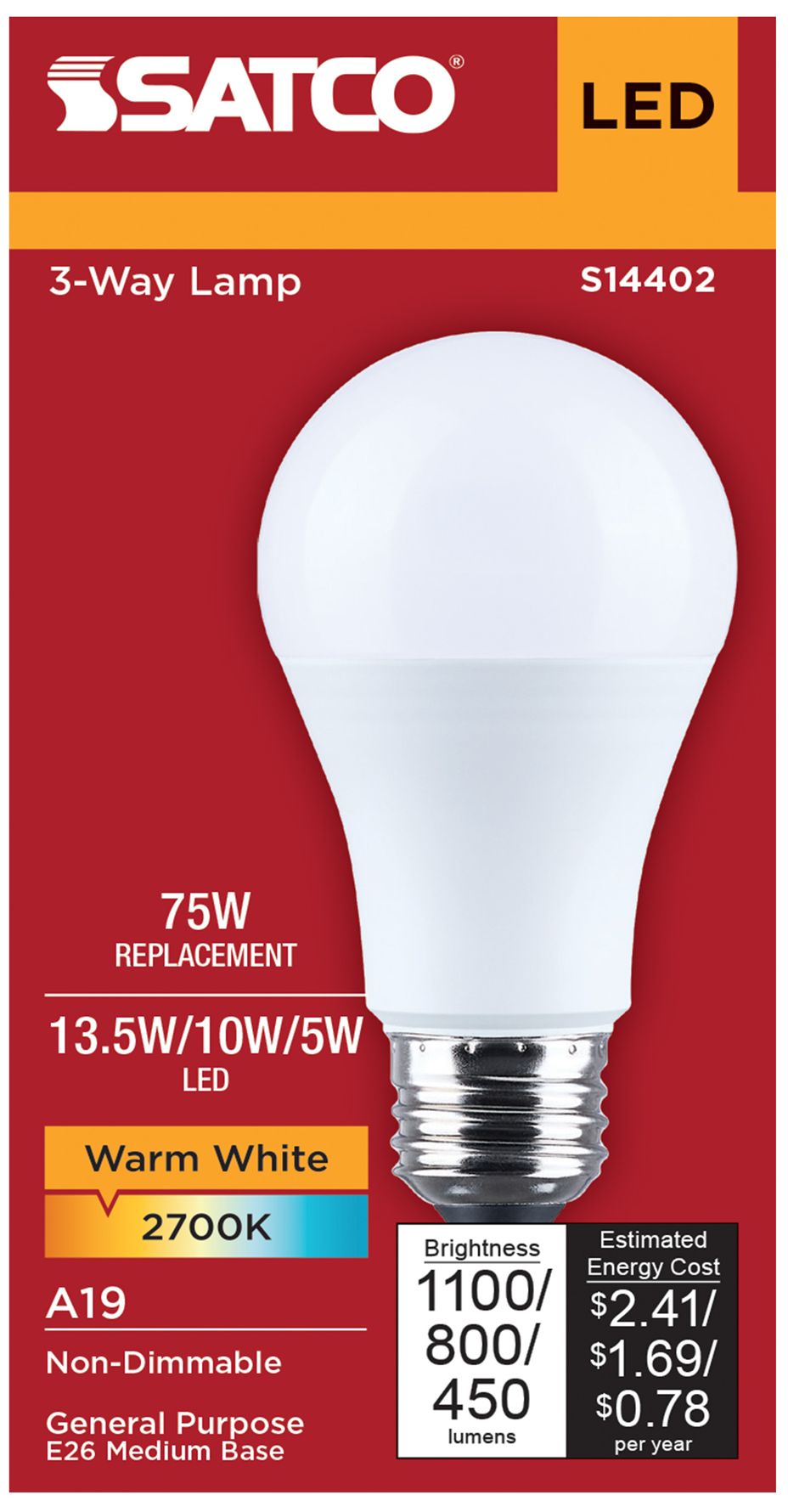 Image 5 3-Way 100W Max Equivalent 13.5W LED Max Non-Dimmable A19 Bulb more views