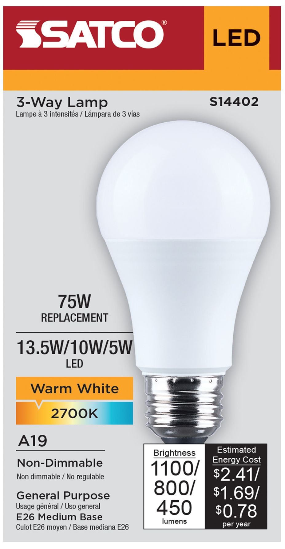 Image 6 3-Way 100W Max Equivalent 13.5W LED Max Non-Dimmable A19 Bulb more views