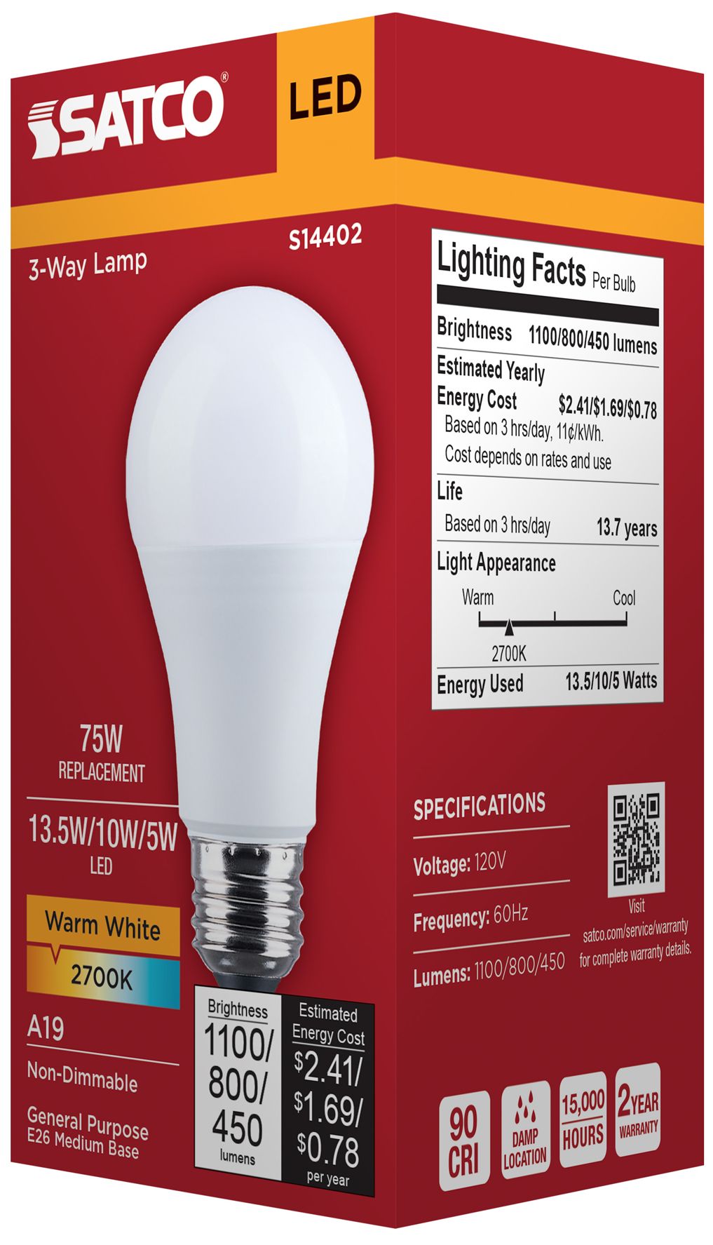 3-Way 100W Max Equivalent 13.5W LED Max Non-Dimmable A19 Bulb