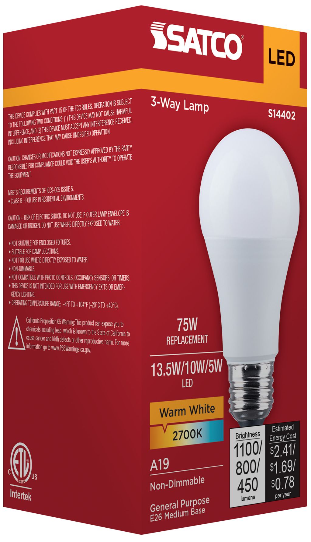 3-Way 100W Max Equivalent 13.5W LED Max Non-Dimmable A19 Bulb