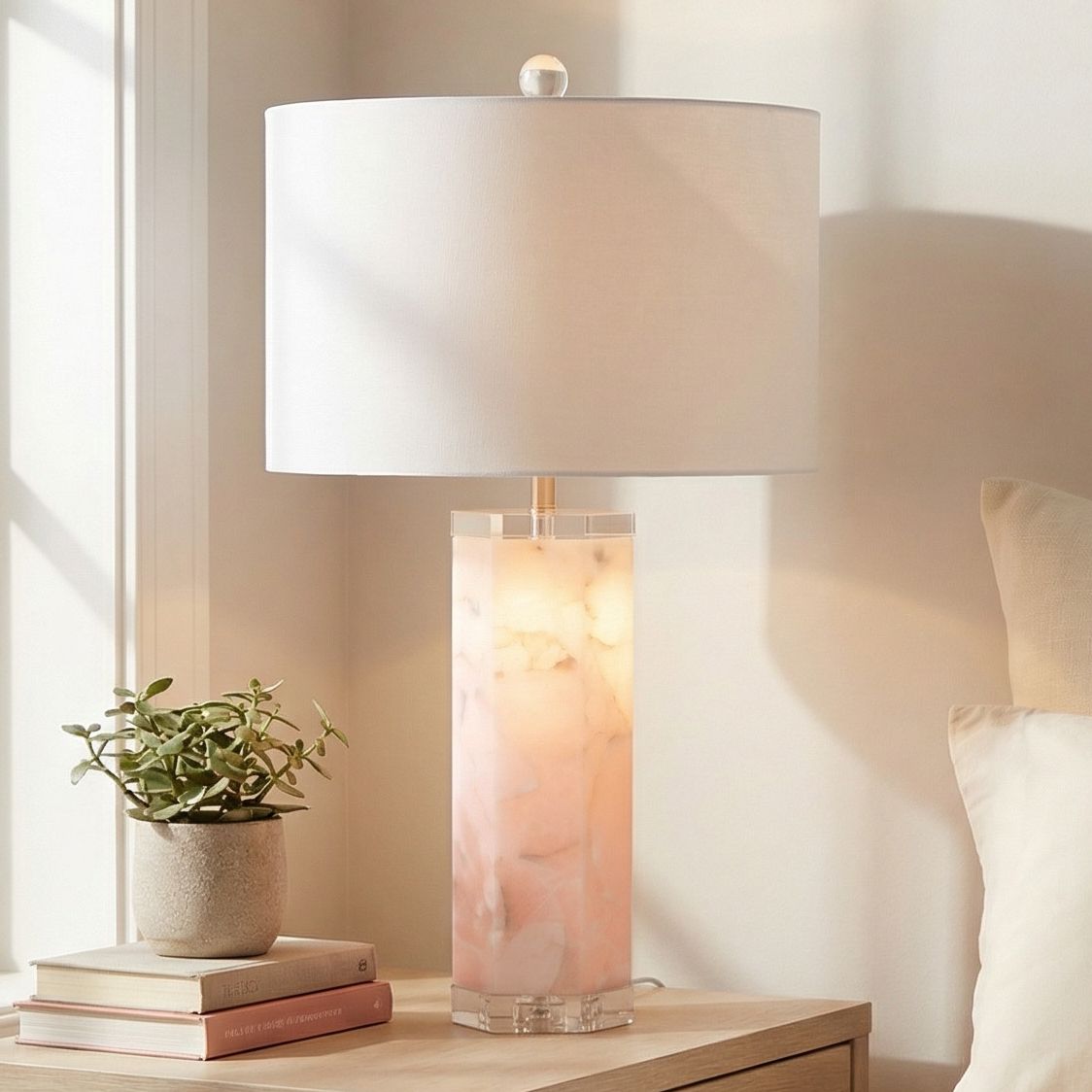 Thumbnail1 of 30"H Pink Crystal Base Heidi Table Lamp & Nightlight with White Linen Shade
