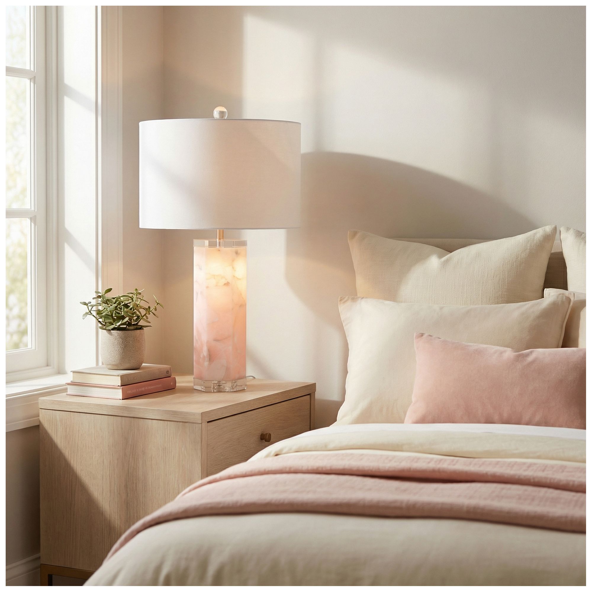 30"H Pink Crystal Base Heidi Table Lamp & Nightlight with White Linen Shade