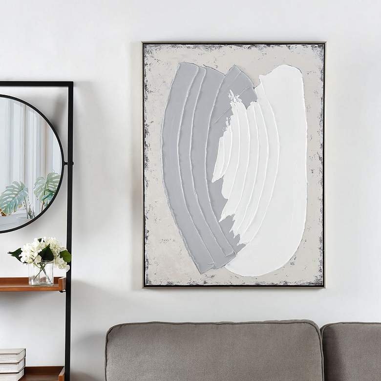 Image 1 30" x 39" Abstract Black Frame Ivory & Grey Hand Painted Canv