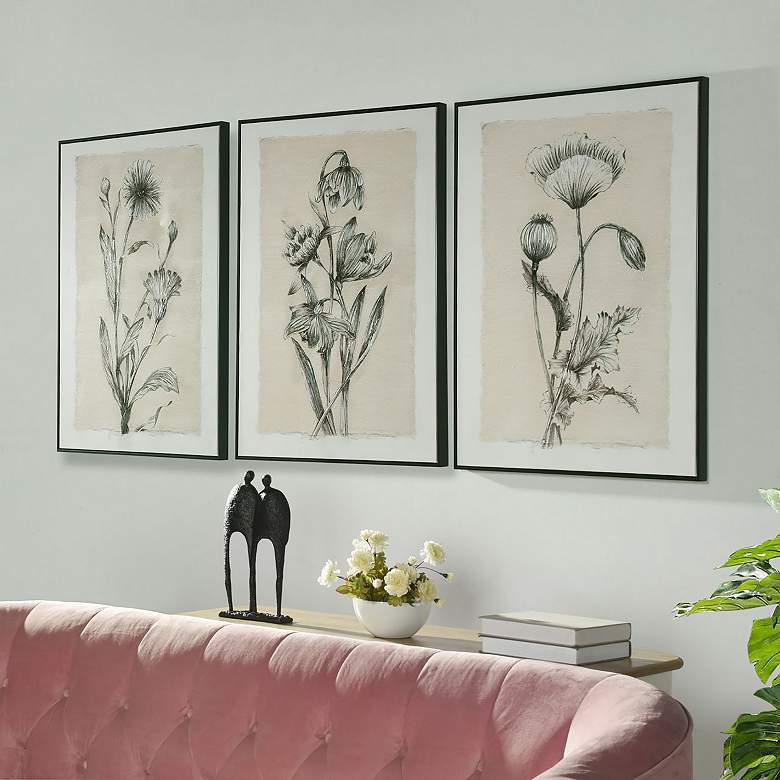 Image 1 30" x 39" Flowers Black and Beige Hand Painted Canvas Wall Art