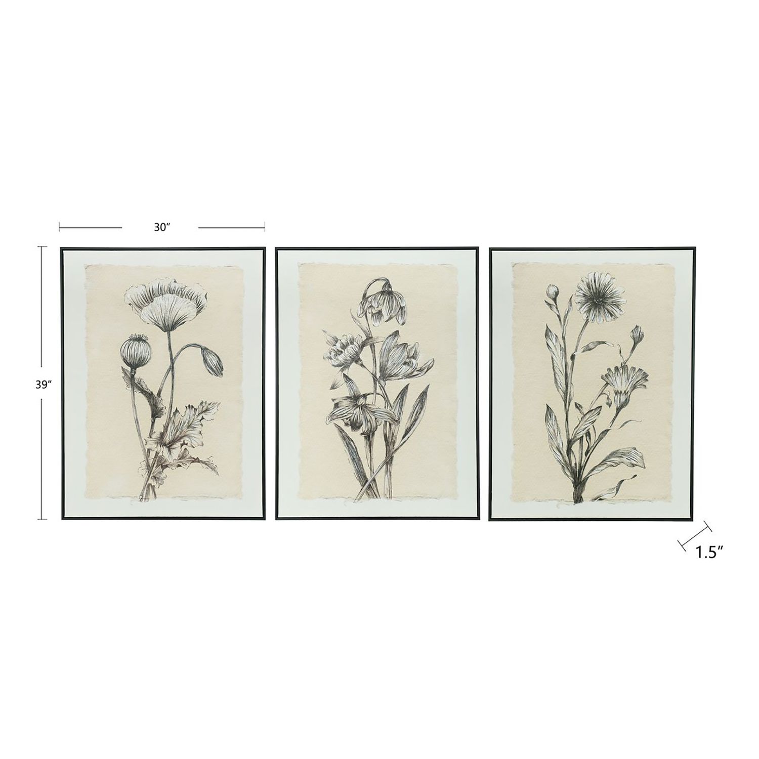 30" x 39" Flowers Black and Beige Hand Painted Canvas Wall Art