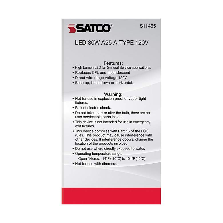 Image 6 300W Equivalent Satco White 30W LED Non-Dimmable Standard more views