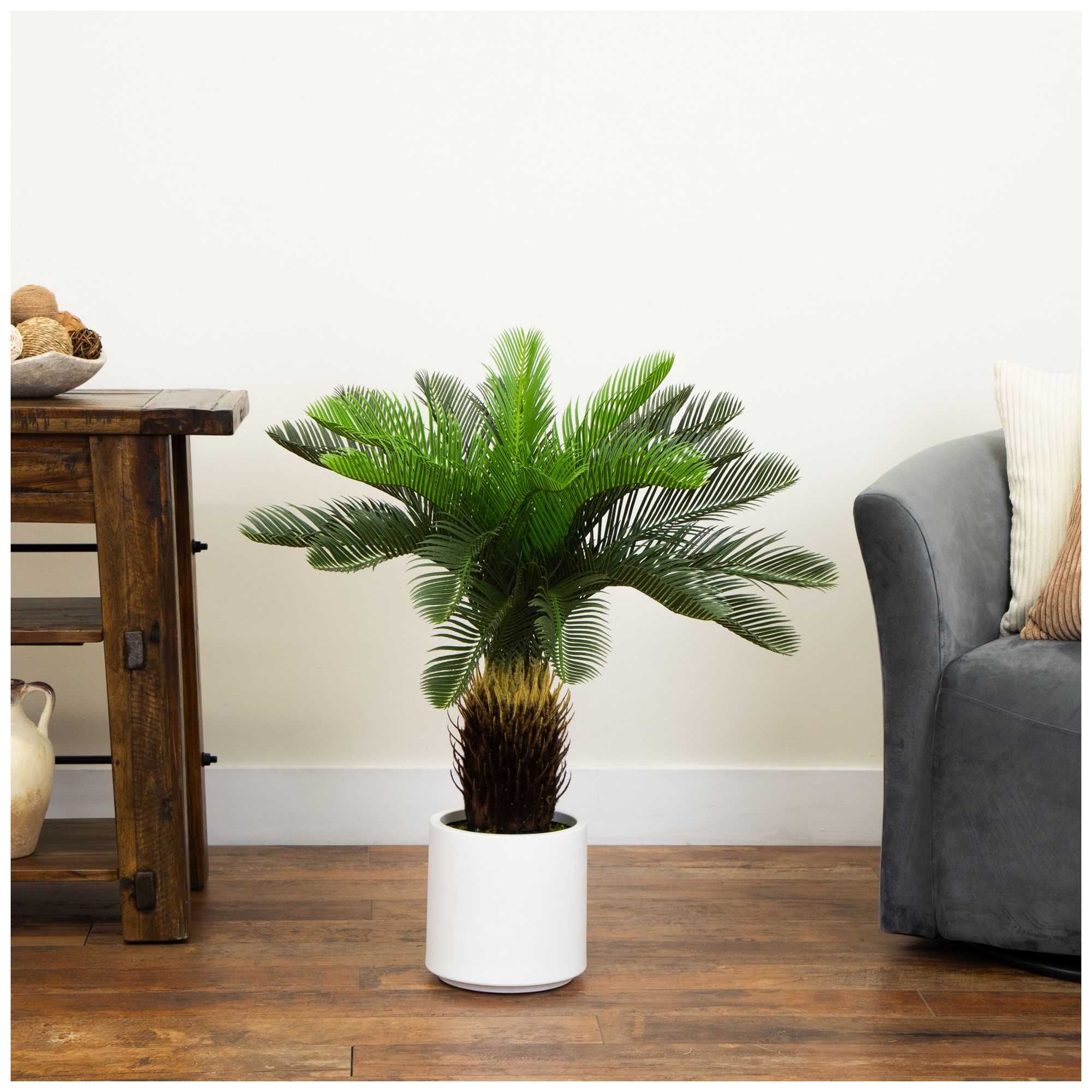 30in. UV Resistant Artificial Cycas Palm Tree in White Decorative Planter
