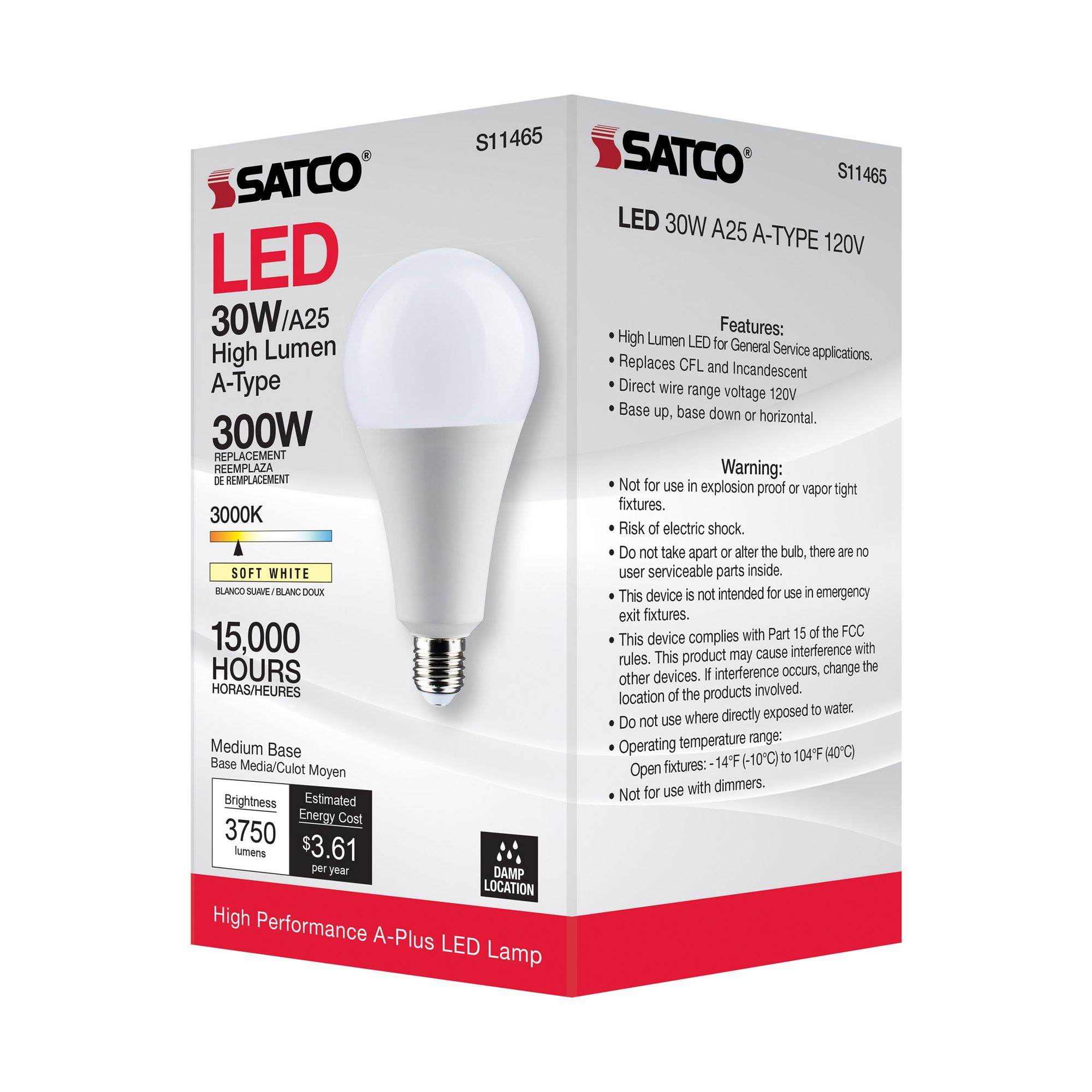 30W Equivalent Satco White 30W LED High Lumen Non-Dimmable Standard in scene