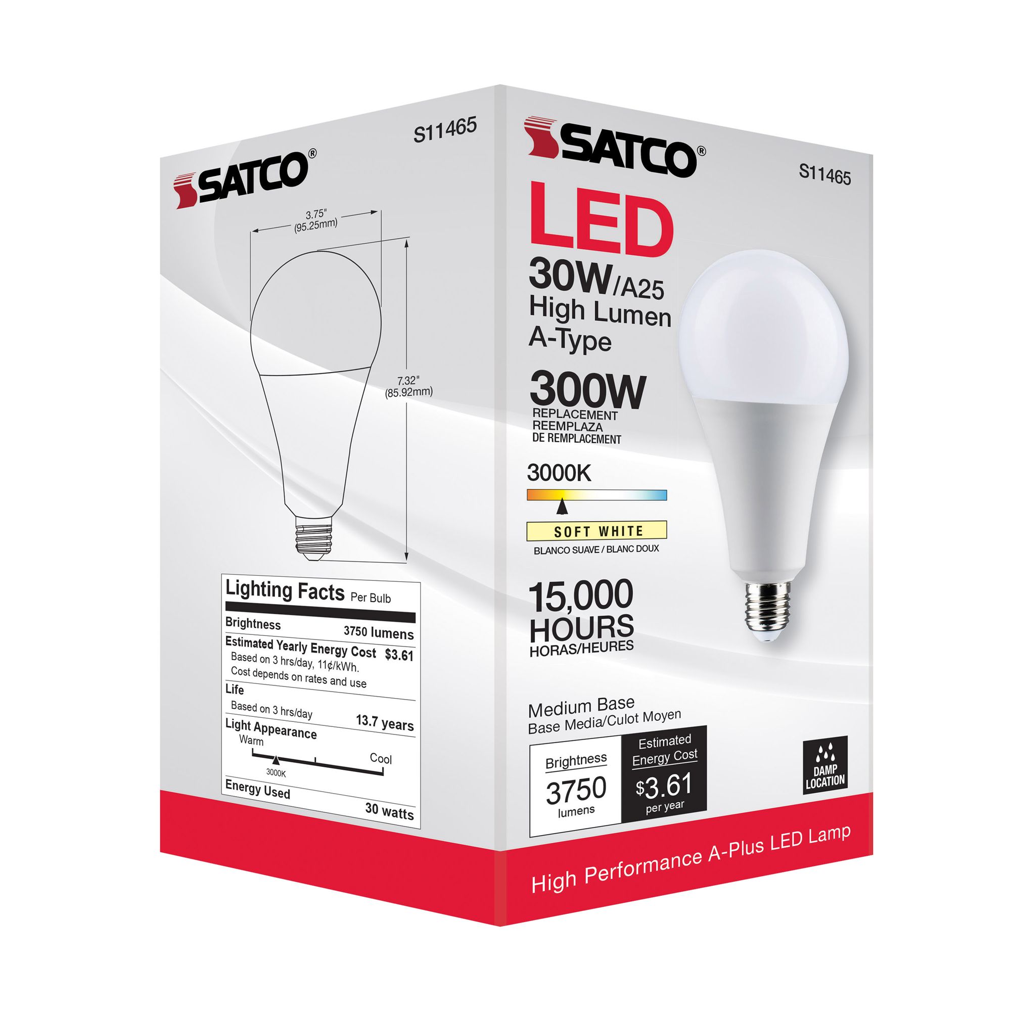 30W Equivalent Satco White 30W LED High Lumen Non-Dimmable Standard in scene