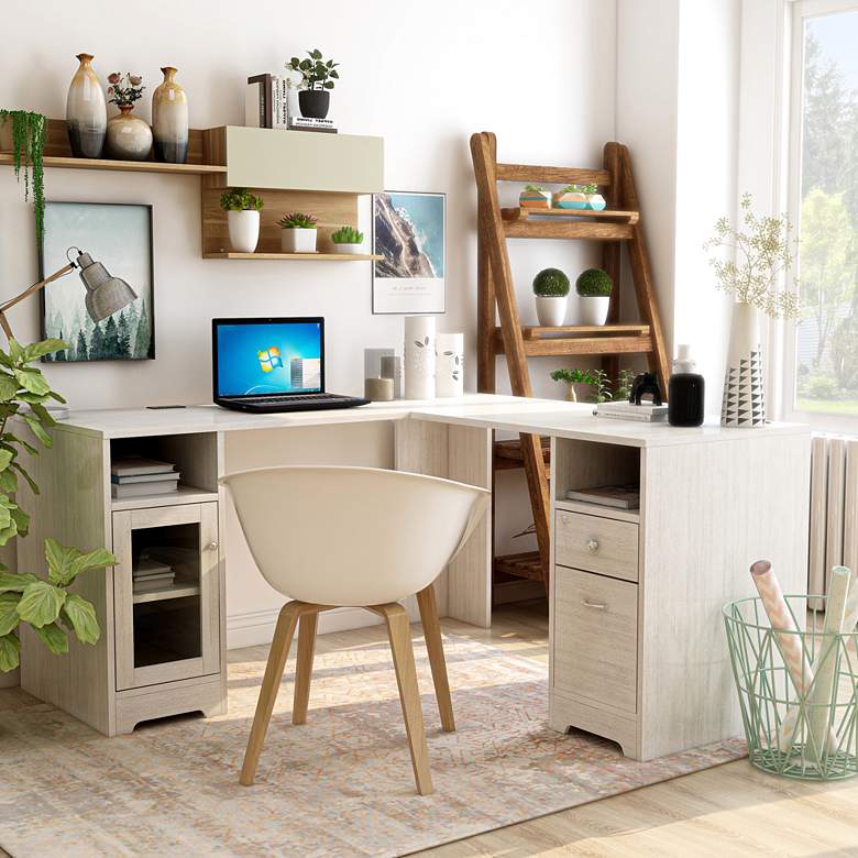 Image 1 Flokton 59 1/4" Wide White Wood Writing Desk w/ USB Outlet in scene