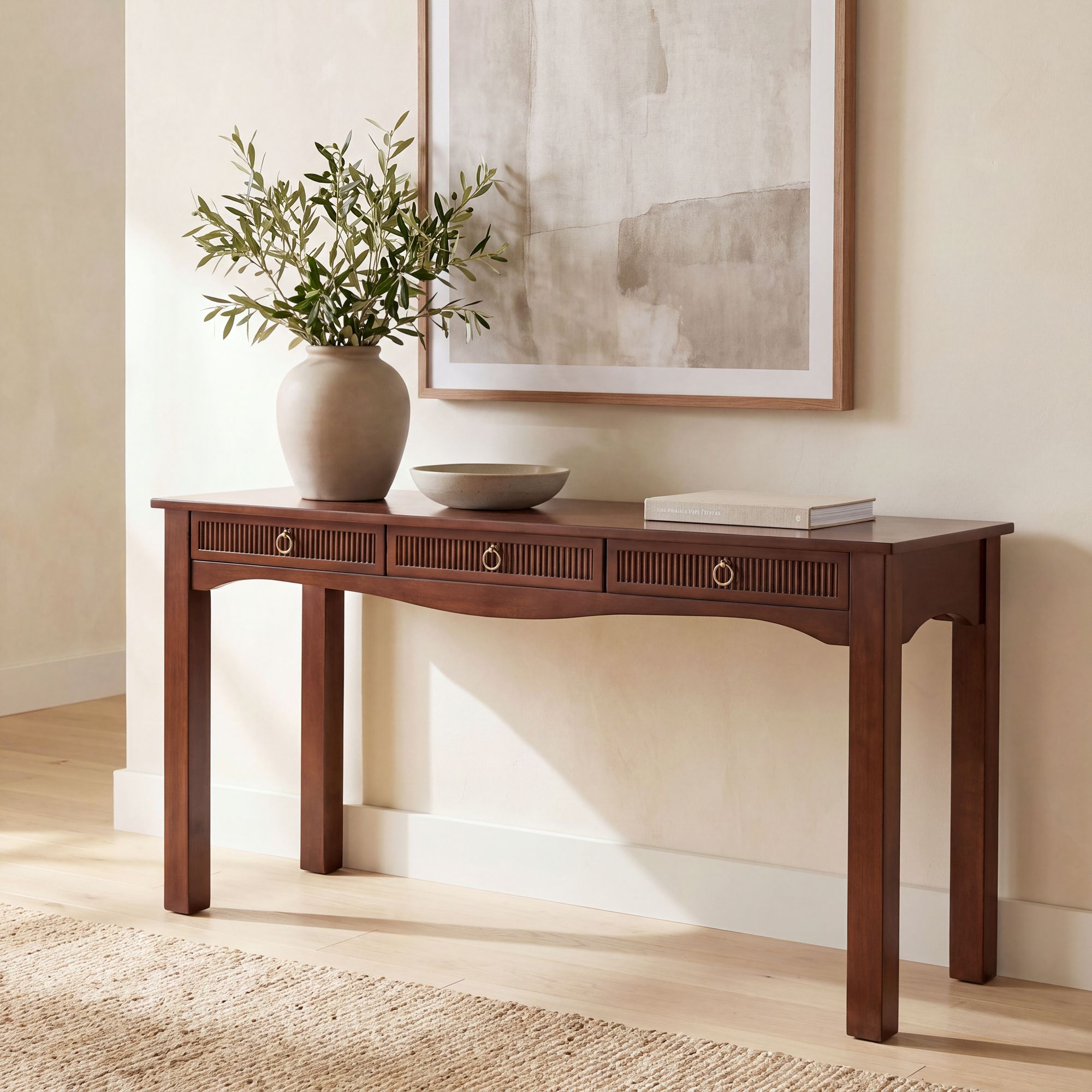 Thumbnail1 of Andover 60" Wide Dark Walnut Mission Craftsman 3-Drawer Console Table in scene