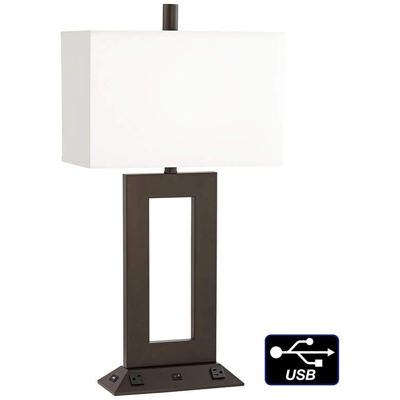 Image 1 31J65  - Dark Bronze Metal Rectangle Table Lamp W/ USB