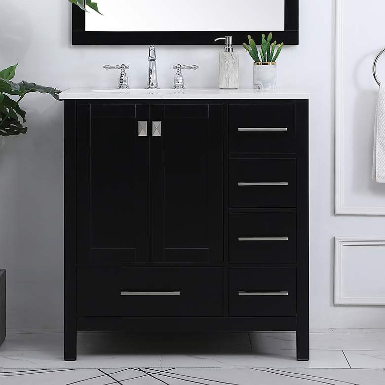 Image 1 32-Inch Black Single Sink Bathroom Vanity with Calacatta White Quartz Top