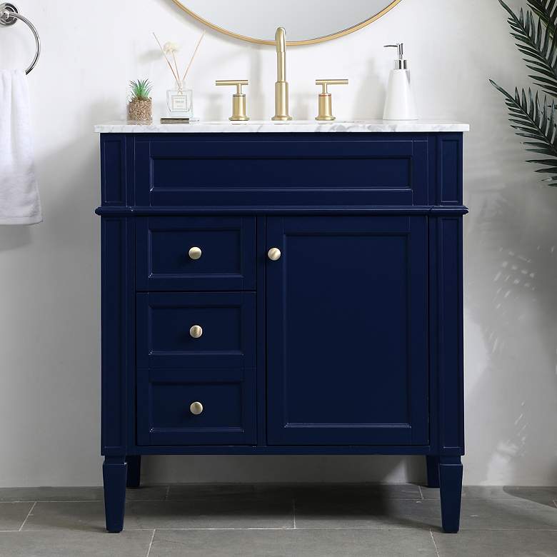 Image 1 32-Inch Blue Single Sink Bathroom Vanity with Carrara White Marble Top