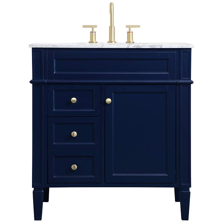 Image 3 32-Inch Blue Single Sink Bathroom Vanity with Carrara White Marble Top more views