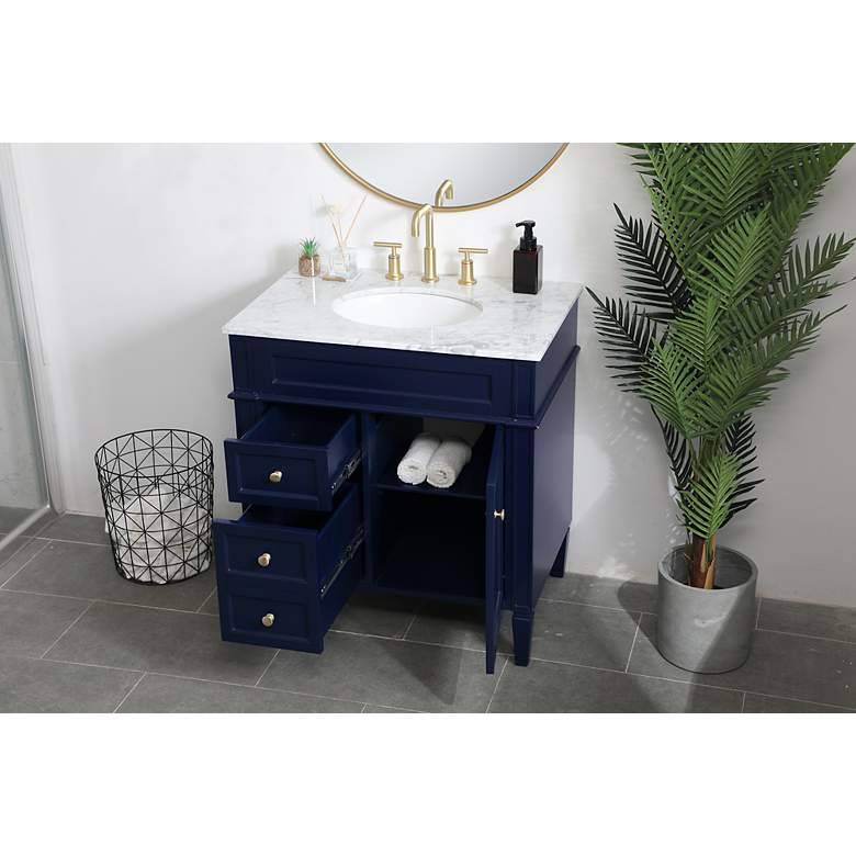 Image 4 32-Inch Blue Single Sink Bathroom Vanity with Carrara White Marble Top more views